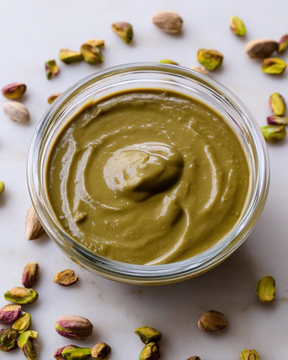 A clear glass bowl filled with smooth, greenish-brown pistachio cream sits in the center of a white marbled surface. The cream has a shiny, thick texture with a slight mound in the middle. Around the bowl, scattered pistachio nuts with green and brown hues add contrast and detail. The lighting softly highlights the creamy surface, making it look fresh and rich. Photo taken with an iphone --ar 4:5 --v 7