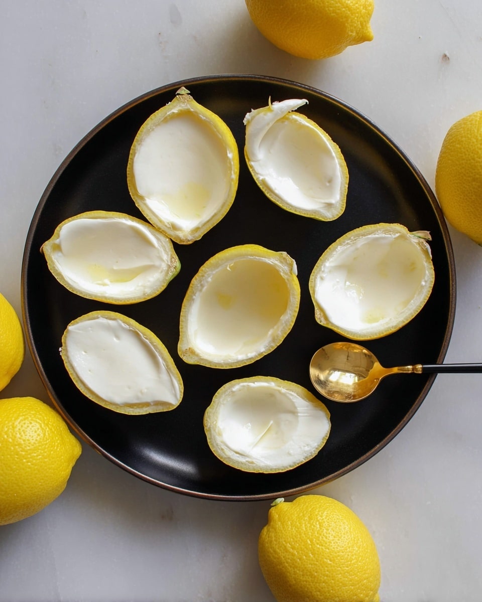 The image shows a black round plate holding seven hollowed lemon halves, each filled with a smooth white creamy layer. The lemons are pale yellow with a slightly textured rind, and one lemon half is empty without the white layer, revealing its hollow, slightly translucent yellow interior. A small gold spoon with a black handle lays on the plate near the lemons. The plate sits on a white marbled surface with whole yellow lemons placed around it. Photo taken with an iphone --ar 4:5 --v 7
