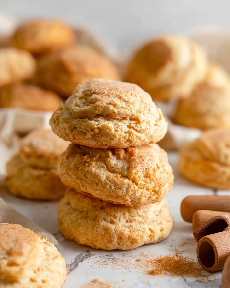 The image shows a stack of three light golden brown biscuits in the center, with a soft and slightly crumbly texture on top. Around the stack, there are several more biscuits scattered, all similarly colored with subtle cracks and a rough, homemade look. A cluster of wooden measuring spoons lies next to the stack on a surface that has a white marbled texture. The background is softly blurred but filled with more biscuits, giving a warm and cozy feeling. photo taken with an iphone --ar 4:5 --v 7