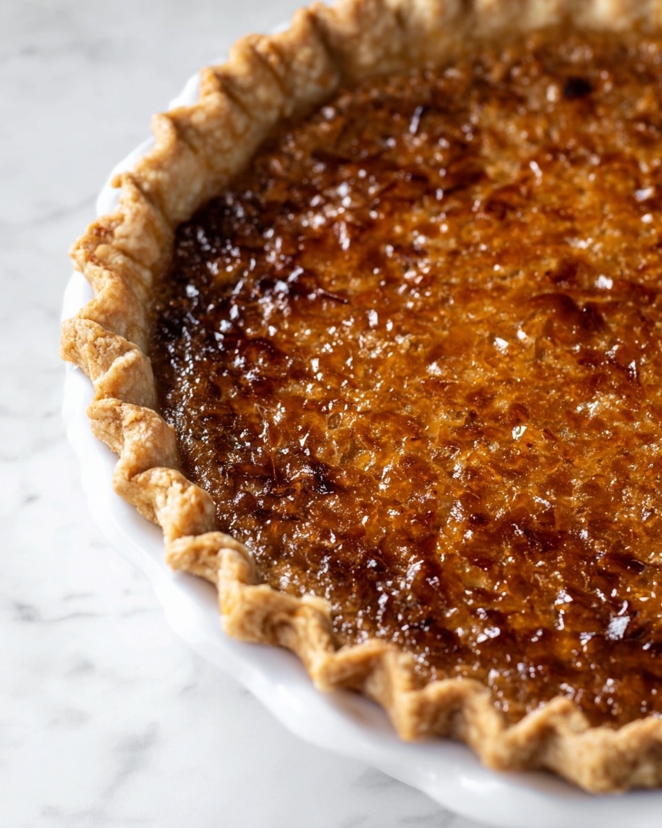 This image shows a close-up of a pie with one visible layer. The pie crust is golden brown with a rough, crimped edge that stands up around the pie. Inside, the filling is a shiny, dark amber color with a textured surface made of small, uneven bits giving it a slightly bumpy look. The pie is in a white dish, and the background is a white marbled surface. photo taken with an iphone --ar 4:5 --v 7
