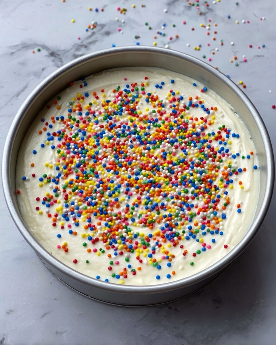 A round cake pan filled with a single layer of white creamy frosting topped with bright, colorful small round sprinkles in red, blue, yellow, green, and orange evenly spread on top. The pan is placed on a white marbled surface. Photo taken with an iphone --ar 4:5 --v 7