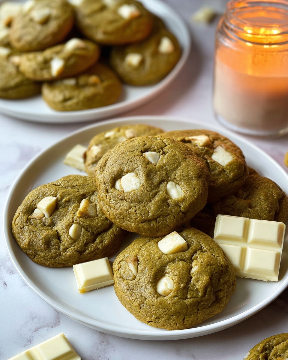 A white plate holds eight soft, thick greenish-brown cookies with uneven shapes and visible white chunks of chocolate spread throughout each one. The cookies have a slightly cracked surface, showing a chewy texture inside. Around the plate on a white marbled surface, there are several pieces of white chocolate bars scattered. In the background, another white plate filled with more cookies is slightly out of focus. A jar with a warm candle glowing inside is placed to the right corner, adding a soft light to the scene. photo taken with an iphone --ar 4:5 --v 7