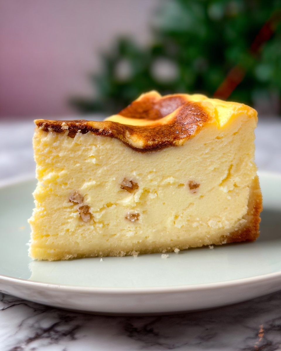 A thick slice of light yellow cheesecake sits in the center of a white plate. The cheesecake has two main layers: the bottom layer is dense and creamy with a smooth texture and small bits of what looks like nuts, while the top layer is a darker golden brown with a slightly cracked surface giving it a baked look. The edge on the right side is slightly raised and uneven. The background shows soft blurred greenery against a white marbled texture surface. photo taken with an iphone --ar 4:5 --v 7