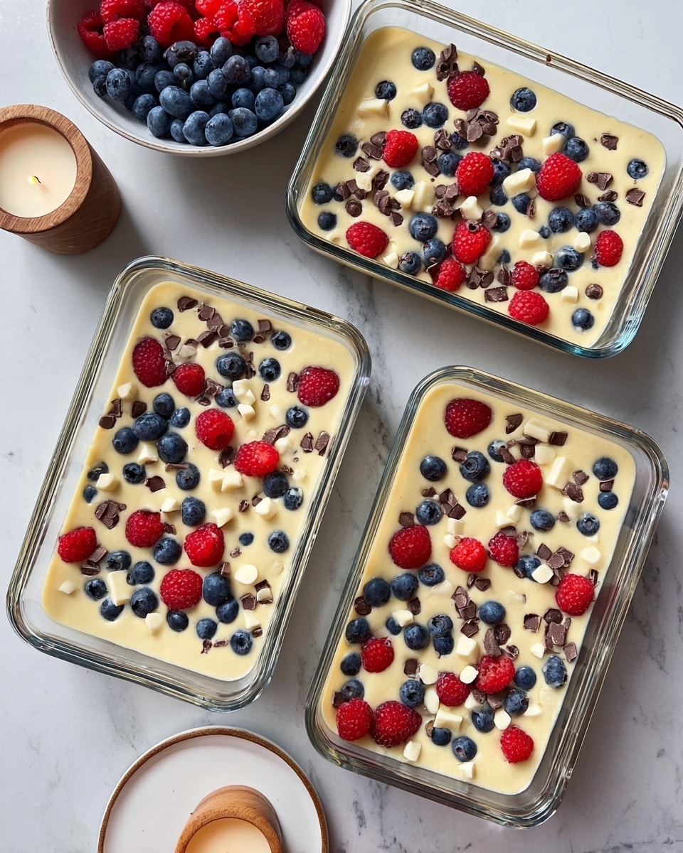 The image shows three clear glass rectangular containers filled with a pale yellow batter. Each container has two layers visible: the bottom layer of smooth batter and a top layer scattered with fresh blueberries, red raspberries, white chocolate chips, and dark chocolate chunks, giving a mix of blue, red, white, and dark brown colors on top. The containers are placed on a white marbled surface. In the upper left corner, there is a white bowl filled with more blueberries and raspberries, and next to it, a small beige candle on a white plate adds a warm touch. Photo taken with an iphone --ar 4:5 --v 7