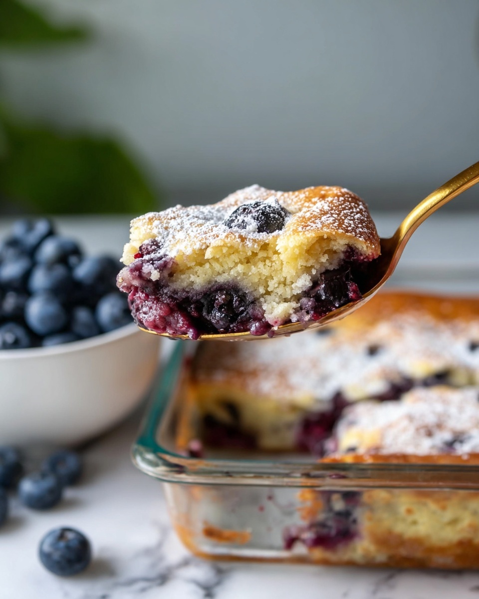 A close-up view of a golden-brown baked dessert with a soft texture, spotted with dark purple blueberries inside, lifted on a golden spoon. The dessert has two visible layers: a light, fluffy top dusted with white powdered sugar, and a moist berry-filled bottom layer. Below in the background are a white marbled surface and a clear glass baking dish filled with more of the same dessert, along with a white bowl full of fresh blueberries. Part of a woman's hand is holding the spoon. Photo taken with an iphone --ar 4:5 --v 7