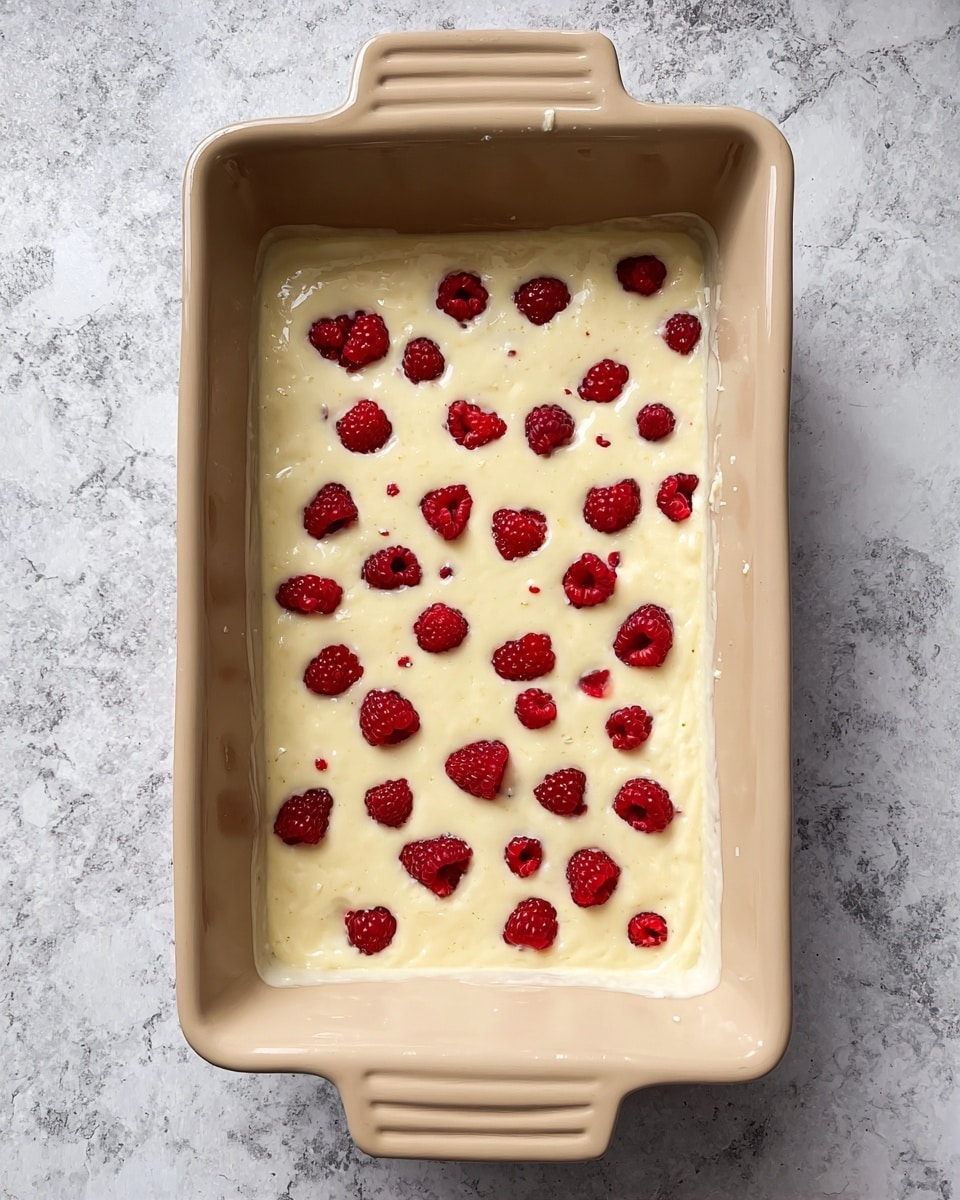 A beige rectangular baking dish with handles on each end holds a single layer of pale yellow batter filling the dish evenly. Scattered on the batter’s surface are small, bright red raspberries placed randomly, providing a vibrant contrast to the smooth, creamy yellow base. The dish sits on a white marbled texture background. photo taken with an iphone --ar 4:5 --v 7