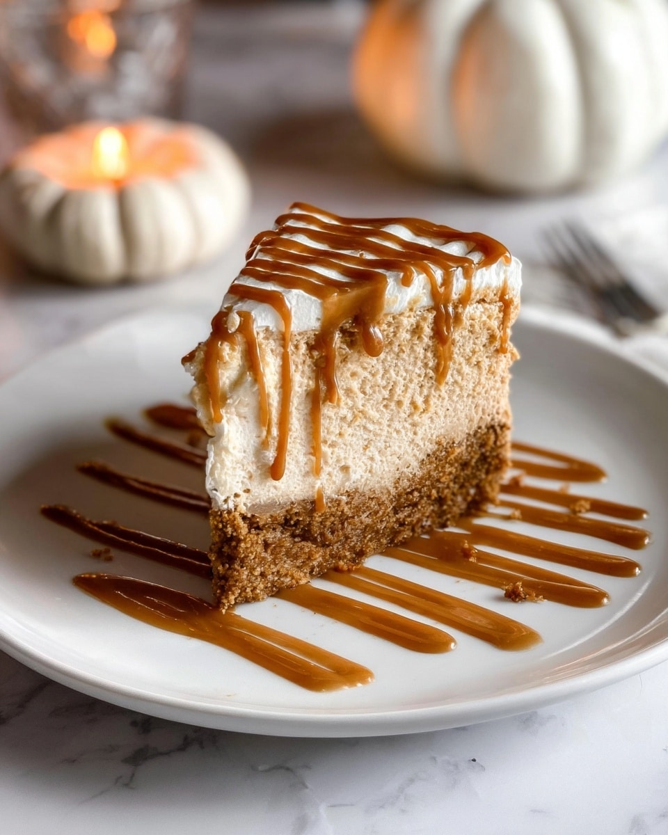 A slice of creamy, light brown cake with two main layers sits on a white plate over a white marbled surface. The bottom layer is dense and darker with a crumbly crust, while the top layer is thick and fluffy with a smooth texture. On top, there is a layer of white frosting that is decorated with thin stripes of caramel sauce. More caramel sauce is artistically drizzled in wavy lines all around the cake slice on the plate. In the background, a white pumpkin and a small candle add a warm ambiance. Photo taken with an iphone --ar 4:5 --v 7
