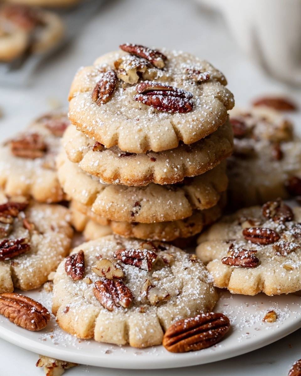 A stack of round cookies is placed on a white plate with a white marbled surface underneath. Each cookie is light brown and has a rough texture with small pieces of pecans embedded on top. The cookies have a crimped edge and are dusted lightly with powdered sugar. Pecans and small nut pieces are scattered around the plate and on the white marbled surface, adding a natural, crunchy look. The overall scene shows multiple cookies in a close pile, with some partially overlapping others, creating a cozy and inviting feel. photo taken with an iphone --ar 4:5 --v 7