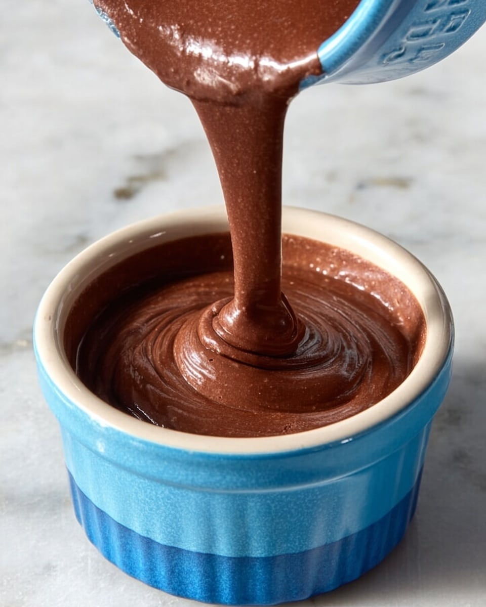A blue Le Creuset ramekin filled with thick chocolate batter, being poured slowly from above into the ramekin, showing smooth and shiny texture with visible swirls forming as the batter settles. The ramekin sits on a white marbled surface, showcasing the contrast between the rich brown chocolate and the light background. Photo taken with an iphone --ar 4:5 --v 7