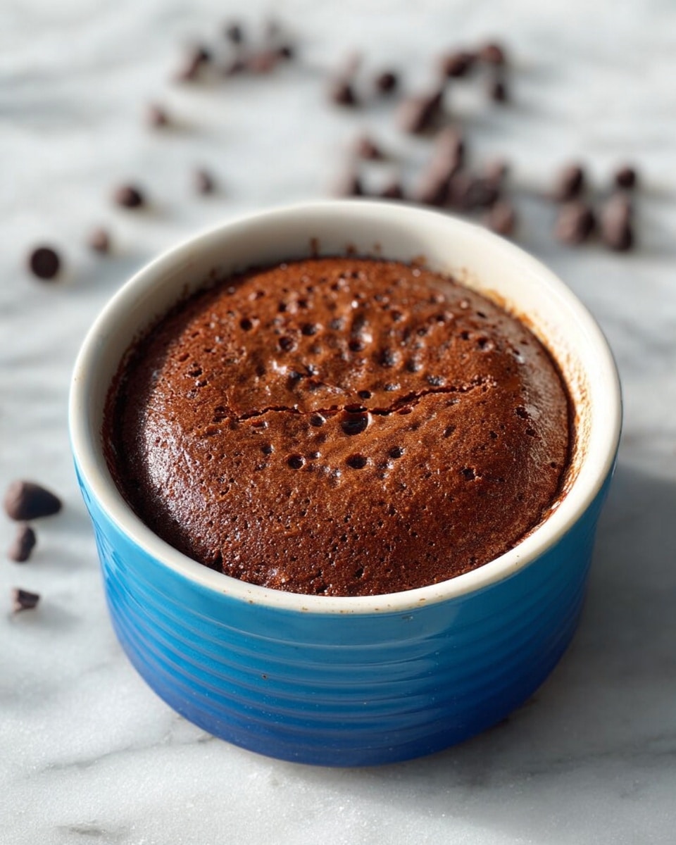 A single chocolate dessert in a round white bowl with a shiny, cracked top layer showing a rich dark brown color. The bowl is placed on a white marbled surface scattered with chocolate chips around it. The bowl itself is bright blue on the outside but white inside, with a smooth texture. The dessert looks soft and slightly puffed with small bubbles visible on the surface. Photo taken with an iphone --ar 4:5 --v 7