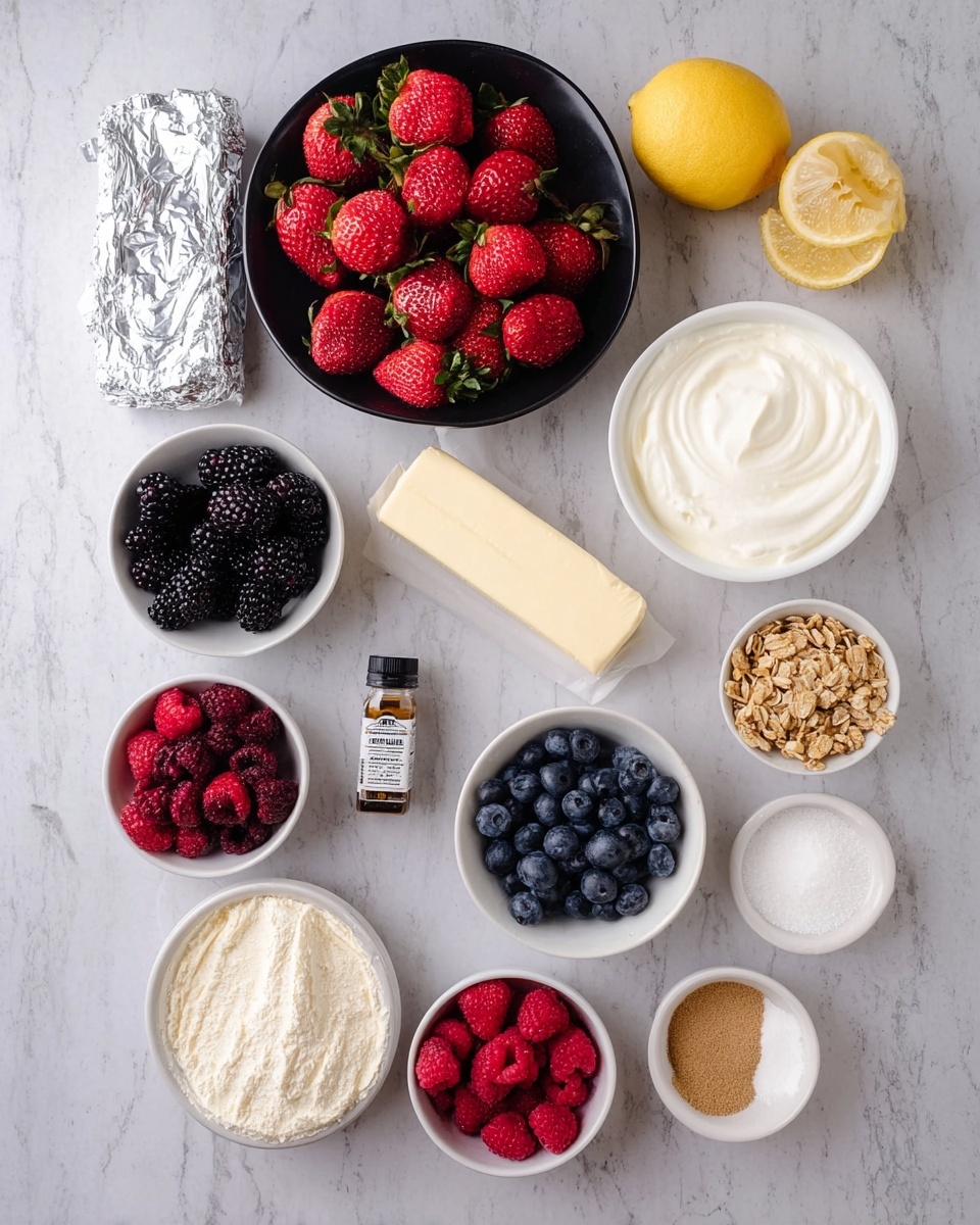 A top view shows a neat arrangement of ingredients on a white marbled surface in white bowls and one black bowl, with a foil-wrapped wedge of cream cheese partially unwrapped. At the top left, a black bowl is full of bright red strawberries with green stems. To its right, two lemon halves sit next to a large white bowl filled with smooth white cream. Below the strawberry bowl, a small white bowl holds deep blue blueberries. The foil-covered cream cheese wedge is placed next to a small bottle of clear vanilla flavoring at the center. Surrounding these are several smaller white bowls: blackberries on the bottom left, granola above raspberries on the bottom right, shredded coconut, powdered sugar, and brown sugar arranged neatly in the lower half. The image looks bright and clean, all on a smooth, white marbled surface. photo taken with an iphone --ar 4:5 --v 7