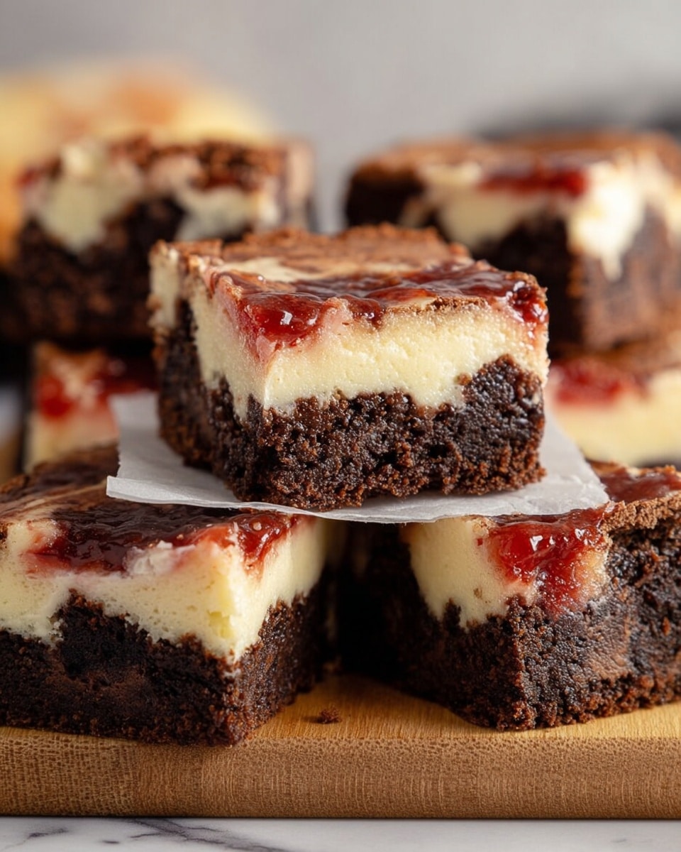 The image shows a close-up of several square brownie pieces stacked on a wooden surface with a white marbled background. Each brownie has two clear layers: a thick bottom layer of dark brown, moist, and dense chocolate cake with visible chocolate chunks, and a top layer of creamy white cheesecake. Swirled into the cheesecake layer are glossy red jam-like streaks that add a shiny texture and bright color contrast. One brownie piece is slightly lifted above the others with a piece of white parchment paper underneath, emphasizing the layers and texture of the dessert. photo taken with an iphone --ar 4:5 --v 7