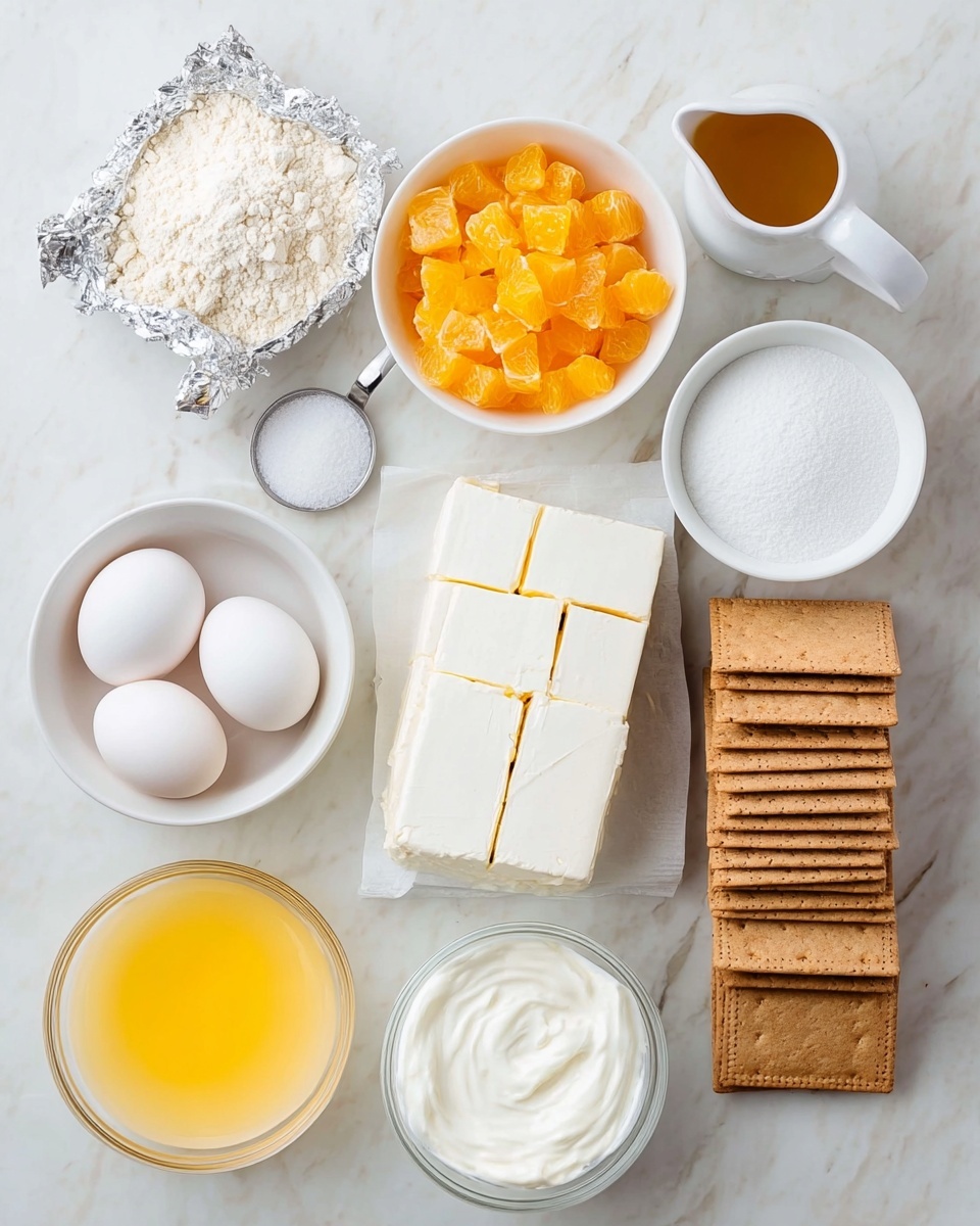 The image shows nine baking ingredients arranged neatly on a white marbled surface. There are three white eggs placed together near the center. Below the eggs is a white bowl filled with chopped orange fruit pieces. To the left of the fruit is a block of white cream cheese divided into three sections, still in its foil wrap. Above the block is a small white bowl filled with white flour. Next to the flour is a smaller white bowl with white sugar. A silver measuring spoon with salt rests near the sugar bowl. There is a small white pitcher with a light brown liquid, likely vanilla extract, near the top center. On the right side, there is a stack of rectangular graham crackers, all is stacked in a neat pile. Below the crackers, there is a glass bowl filled with melted yellow butter and a white bowl containing thick white yogurt or cream. The ingredients are clearly separated and well organized. photo taken with an iphone --ar 4:5 --v 7