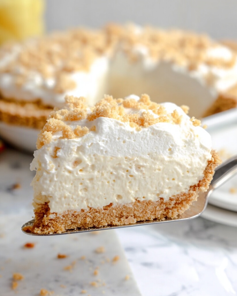 A close-up of a single slice of cream pie held by a metal spatula, showing three layers: the bottom layer is a light brown crumbly crust, the thick middle layer is a smooth, creamy white filling, and the top layer is a fluffy white whipped topping sprinkled with small light brown crumbs. The pie in the background has the same crumb topping and creamy layers, placed on a white marbled surface. The setting is bright and soft, highlighting the pie’s texture and light colors, photo taken with an iphone --ar 4:5 --v 7