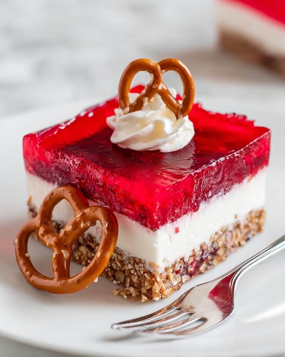 The dessert is a three-layered square slice on a white plate. The bottom layer is made of a brown, crunchy base with a visible texture like nuts or granola. The middle layer is thick and white, smooth and creamy. The top layer is a bright red jelly, shiny and slightly translucent. On top of the red layer is a small dollop of white cream with a brown pretzel placed over it. Another brown pretzel rests leaning against the slice on the plate. The plate is set on a white marbled surface, and a silver fork lies next to the dessert. Photo taken with an iphone --ar 4:5 --v 7