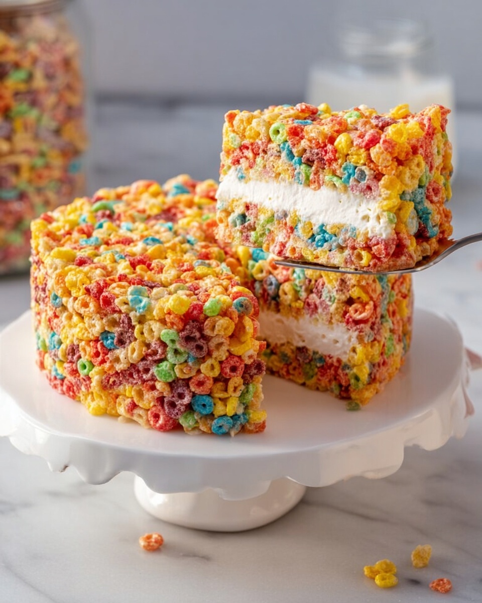 A colorful round cereal treat cake sits on a white scalloped cake stand with a portion lifted, showing two main layers: a bright, crunchy outer layer made of colorful cereal pieces tightly packed, covering the entire cake, and a thick, creamy white inner layer that looks soft and fluffy. The lifted slice reveals the vibrant cereal texture on the outside with reds, yellows, blues, greens, and oranges, surrounding the smooth white filling inside. The background and surface have a white marbled texture with a blurred jar and bottle in the back. Photo taken with an iphone --ar 4:5 --v 7