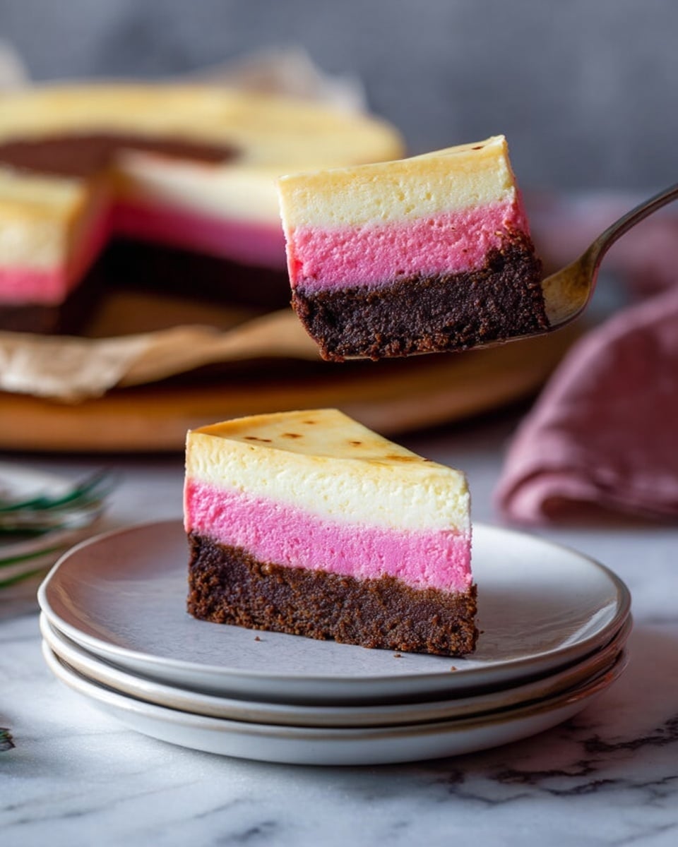The image shows a three-layer cheesecake slice on two stacked white plates with a white marbled surface underneath. The bottom layer is thick, dark brown and looks rich and dense. The middle layer is bright pink and creamy, sitting evenly on the bottom layer. The top layer is a light yellowish cream with a smooth surface and some tiny spots. In the background, the rest of the cheesecake is on a white plate with parchment paper, showing the same three layers clearly. A spoon with a bite of cake is held above the slice, showing all three layers in smaller form. Photo taken with an iphone --ar 4:5 --v 7