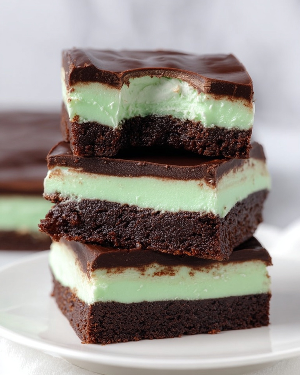 The image shows three stacked dessert bars, each with three clear layers. The bottom layer is thick, dark brown, and fudgy with a slightly rough texture, resembling a dense brownie. The middle layer is a smooth, pastel green mint cream that looks soft and light. The top layer is a glossy, dark chocolate coating that is thin and shiny. The top brownie piece has a bite taken out, showing the soft inside of the mint layer. The bars sit on a plain white plate, with a white marbled background behind them. The photo taken with an iphone --ar 4:5 --v 7