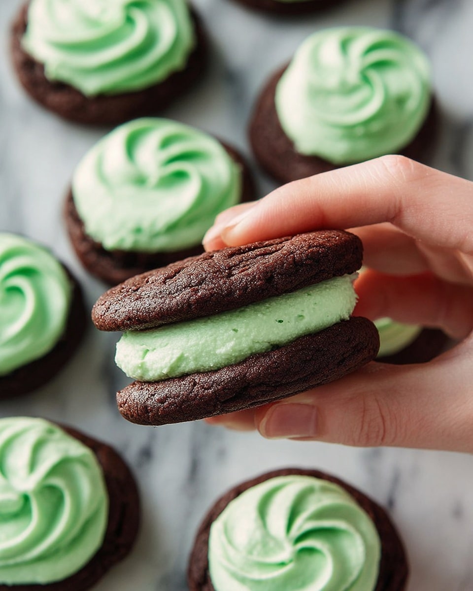 A woman's hand holds a sandwich cookie made of two round, dark brown chocolate cookies with a thick, light green cream filling in the middle. The cookies have a slightly cracked surface texture. Below the hand, more cookies are arranged on a white marbled surface, each with one chocolate cookie base topped with a swirl of the same green cream. The scene is bright and clear. photo taken with an iphone --ar 4:5 --v 7