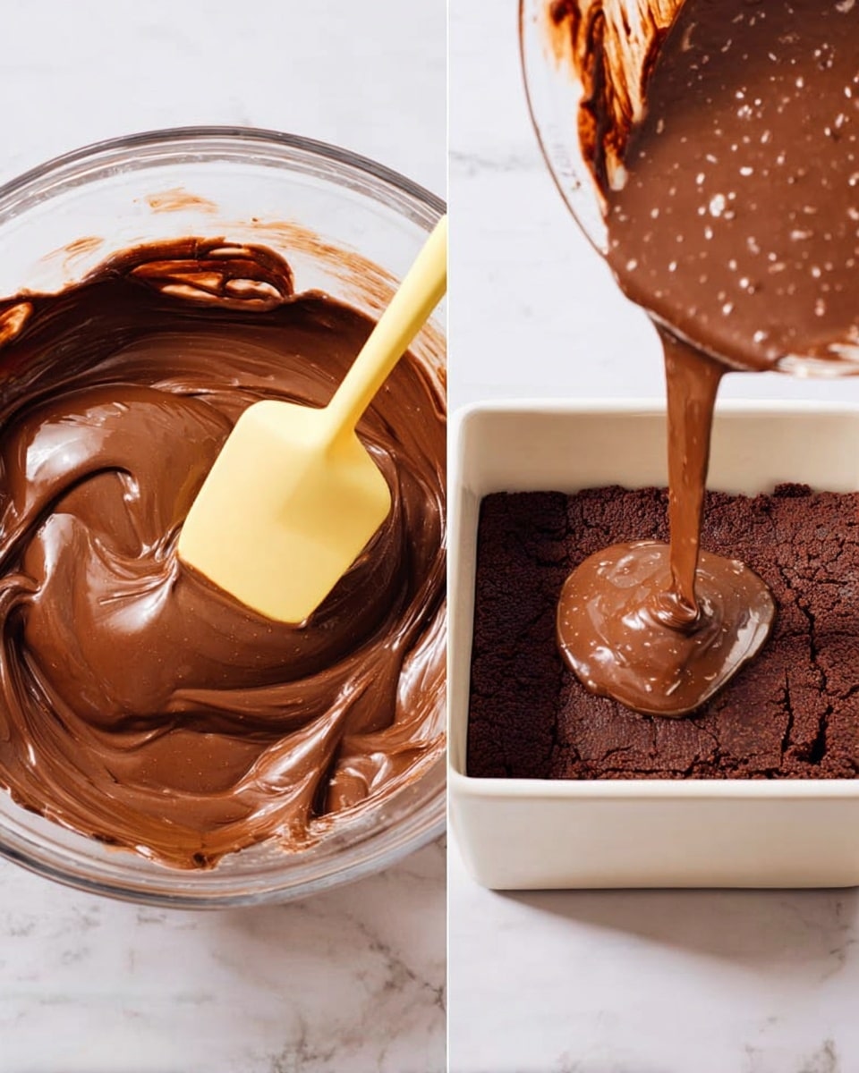 The image shows two close-up scenes side by side: on the left, a yellow spatula stirs a glossy, thick dark brown chocolate batter with smooth texture and small air bubbles visible; on the right, the same batter is being poured from a glass bowl by a woman's hand holding the yellow spatula into a square white baking pan with dark brown cake crumbs at the bottom, all placed on a white marbled surface. Photo taken with an iphone --ar 4:5 --v 7