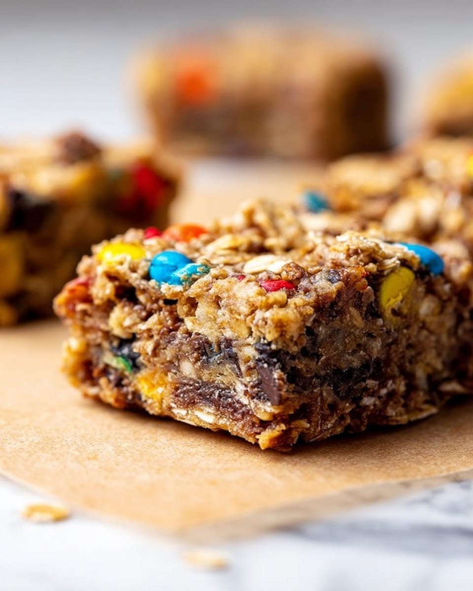 The image shows a close-up of a thick, square-shaped cookie bar with a rough texture. The bar has multiple layers: the base layer is dense and dark brown with visible oats mixed with small colorful candy pieces in blue, red, yellow, and orange. The top layer is similar but slightly crumbly with more candy pieces and oats. The cookie bar sits on a light brown parchment paper, with another similar bar blurred in the background. The surface beneath the parchment paper is a white marbled texture. photo taken with an iphone --ar 4:5 --v 7