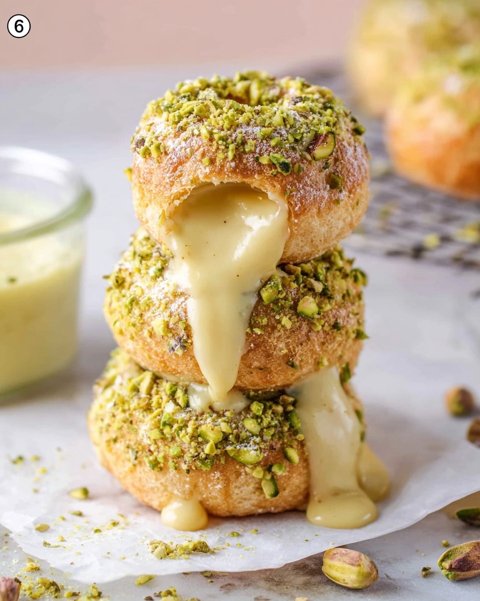The image shows a stack of three round, light golden pastries covered with finely chopped green pistachios. Each pastry is filled with a creamy, pale yellow sauce that oozes out between the layers and drips down the sides. They sit on a white marbled surface with a wire rack underneath. In the background, there is a glass container with more of the creamy sauce and some scattered pistachios around the pastries. photo taken with an iphone --ar 4:5 --v 7