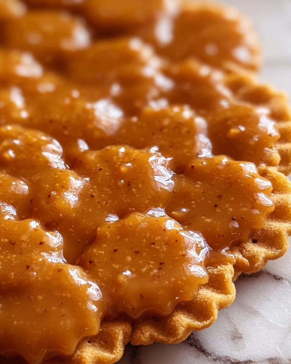The image shows a close-up of a single layer of round crackers with scalloped edges covered in a thick, shiny caramel-colored sauce. The sauce has a smooth, glossy texture with small darker specks scattered throughout, coating each cracker evenly. The crackers are tightly packed together, creating a slightly uneven but dense surface. The background features a white marbled texture. photo taken with an iphone --ar 4:5 --v 7