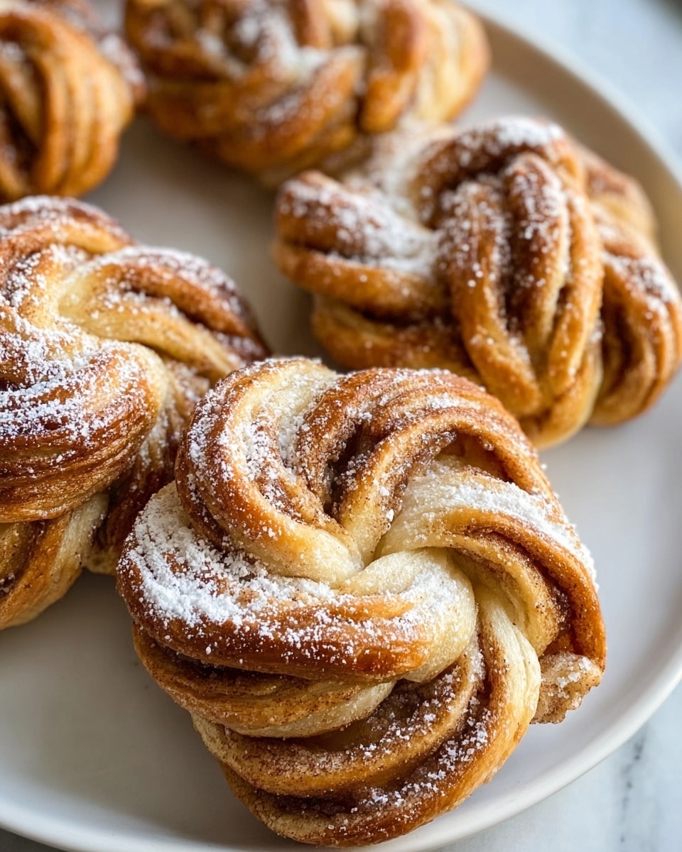 A close-up image shows several golden brown twisted pastries with a soft, layered texture. Each pastry has about 6 to 8 visible layers, showing swirls of light tan dough mixed with darker brown cinnamon filling. The pastries are dusted unevenly with a light white powdered sugar. They are placed on a white plate, which sits on a white marbled surface. The pastries have a slightly shiny, baked top with a soft, airy inside. The whole scene is lit gently, showing the warm tones of the baked dough. photo taken with an iphone --ar 4:5 --v 7