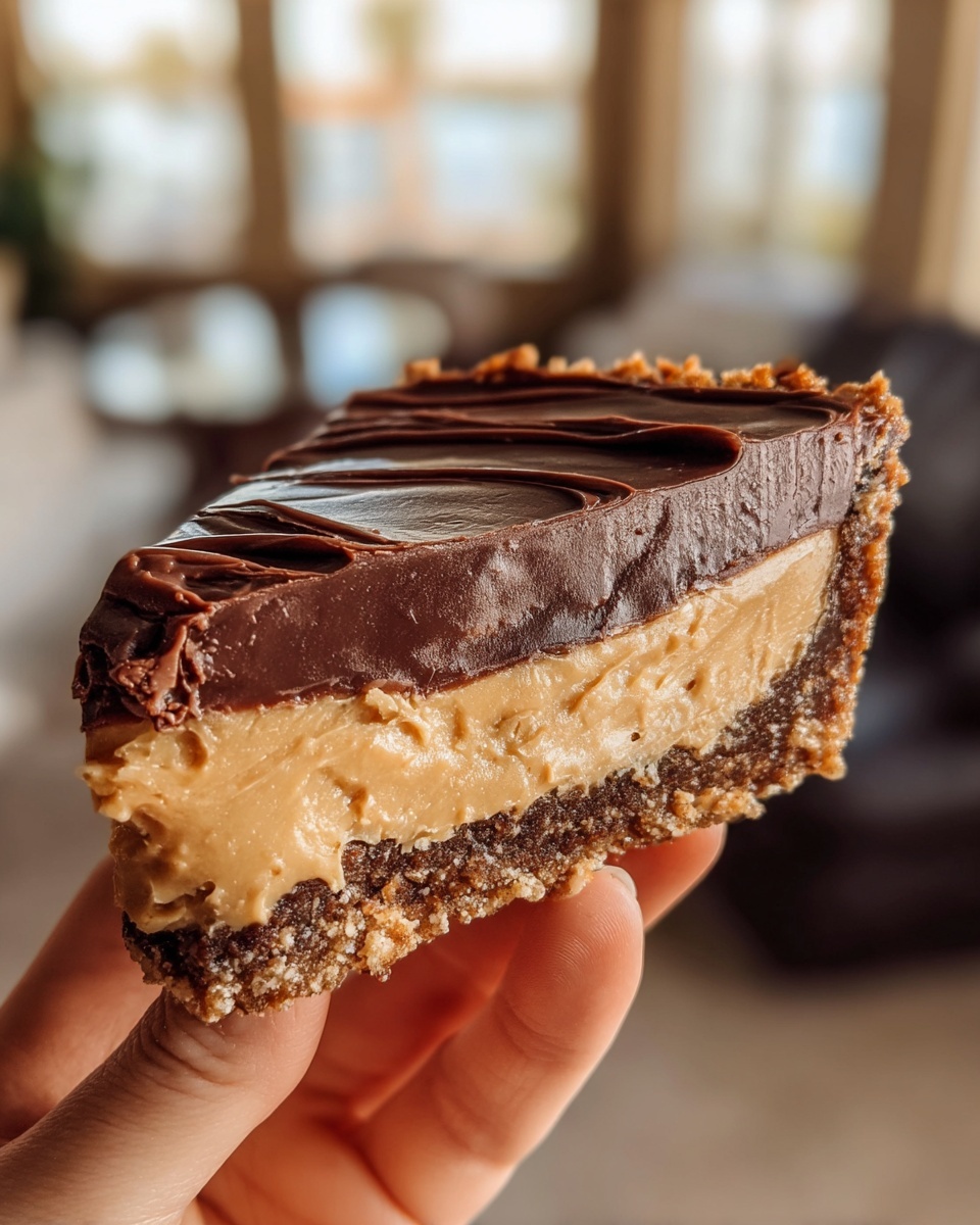 A close-up view of a slice of dessert held by a woman's hand, showing three clear layers: the bottom crust is a crumbly light brown, rough textured layer; the middle layer is a thick creamy caramel beige filling with a smooth surface; the top layer is a rich dark chocolate, glossy, with visible swirls and slight ridges on its surface. The background is blurred, showing a warm room with windows and soft light. Photo taken with an iphone --ar 4:5 --v 7