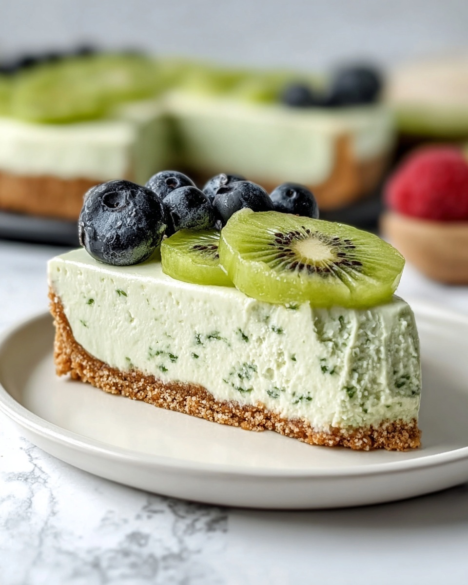 A slice of kiwi cheesecake is shown with three layers: the bottom layer is a brown crumbly crust, the middle layer is a thick creamy pale green cheesecake with small dark green flecks, and the top layer has fresh green kiwi slices and a few round dark blueberries arranged on top. The slice is placed on a white plate that sits on a white marbled surface. In the background, a raspberry cut in half and another kiwi cheesecake on a black tray are softly blurred. Photo taken with an iphone --ar 4:5 --v 7