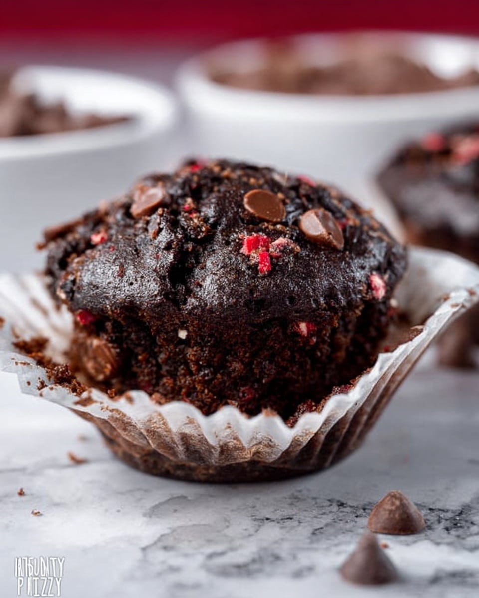 A close-up of a single dark chocolate muffin with visible red bits and chocolate chips on top, sitting in a white crinkled paper cup that partially unwraps the muffin base. The muffin has a rough, moist texture with small crumbly parts around the edges. It is placed on a white marbled surface with blurred white bowls in the background holding more chocolate chips. The color contrast highlights the rich darkness of the muffin against the bright white paper cup and surface. Photo taken with an iphone --ar 4:5 --v 7