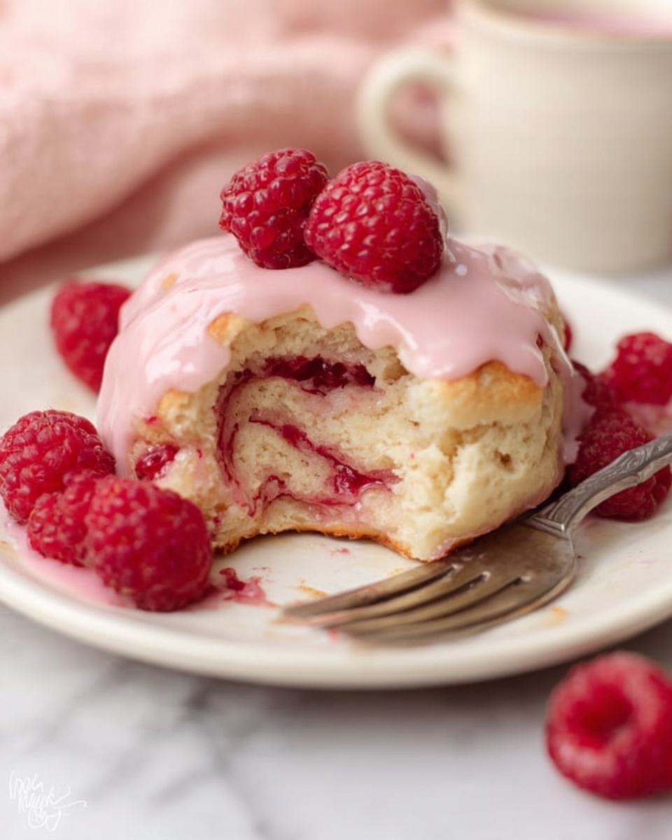 A white plate holds a soft biscuit that is broken open, showing a fluffy, light beige inside with swirls of red jam. The biscuit is covered with thick, smooth pink icing dripping slightly down the sides. Around the biscuit are several fresh red raspberries. A silver fork rests on the edge of the plate. The plate sits on a white marbled surface with a blurred light pink cloth in the background. photo taken with an iphone --ar 4:5 --v 7