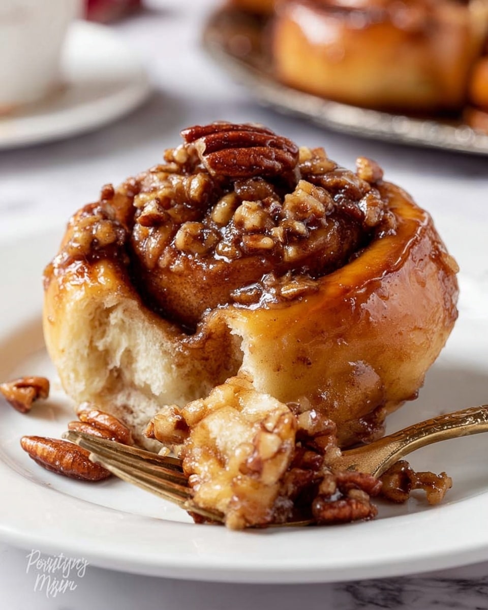A single sticky cinnamon roll sits on a white plate with a shiny, golden-brown glaze that covers the swirled layers of soft dough. On top and around the roll, there is a generous layer of chopped pecans coated in a sticky caramel sauce that glistens in the light. The roll's layers are thick and fluffy, revealing a cinnamon-spiced filling inside. A fork rests on the plate, with a piece of the cinnamon roll topped with pecans on its prongs. The background features a white marbled surface and some blurred baked goods. Photo taken with an iphone --ar 4:5 --v 7