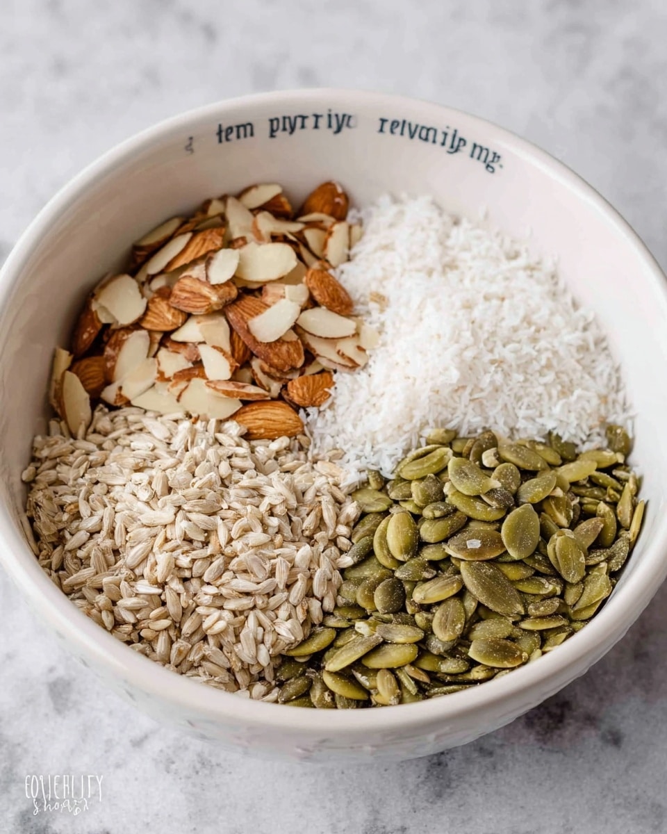 A white bowl with text around the rim holds four separate piles of seeds and nuts arranged side by side inside. One pile is light brown thin almond slices with rough edges, another pile is white shredded coconut with a fluffy, fine texture, next to it is beige sunflower seeds with a smooth, flat shape, and in front is a pile of green pumpkin seeds that have a small, smooth, oval shape. The bowl sits on a white marbled surface. photo taken with an iphone --ar 4:5 --v 7