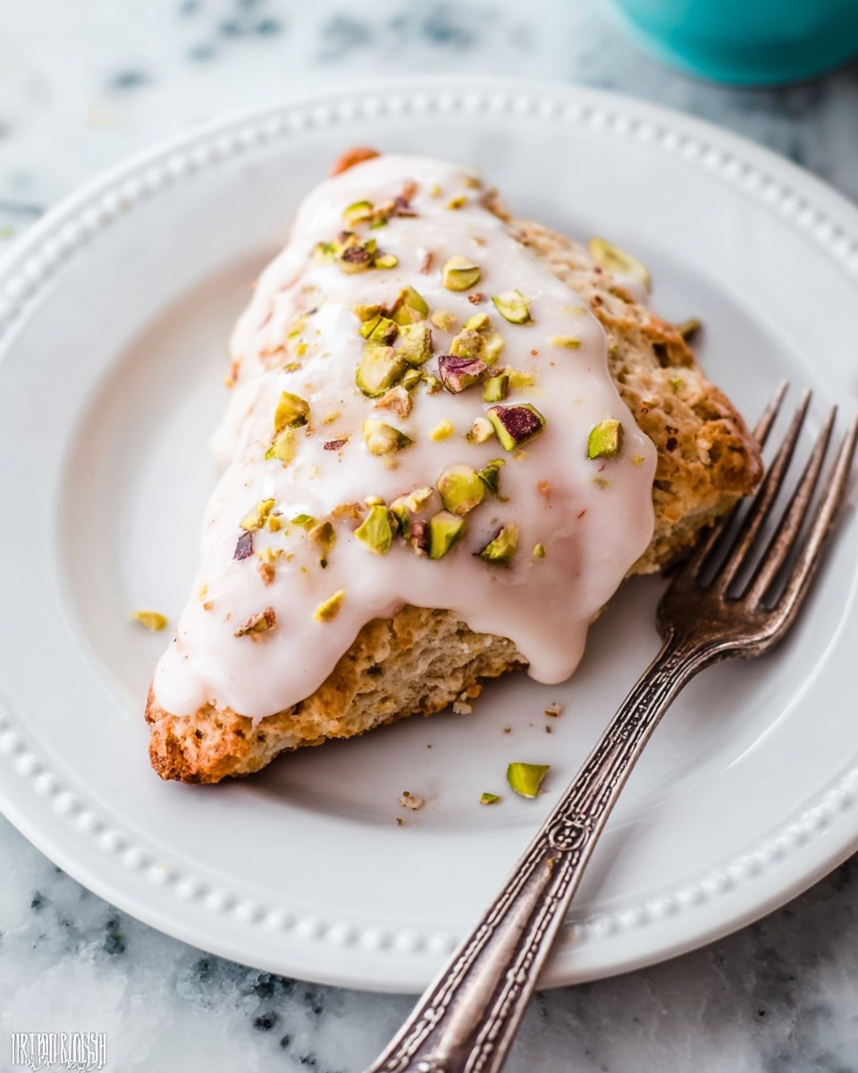 A single triangular scone with a rough, golden brown texture is placed on a white plate with a slightly raised dotted edge. The scone is topped with a thick layer of smooth, light pink icing that drapes unevenly over the top and sides, with scattered pieces of green and brown pistachio nuts on the icing. A vintage silver fork rests on the right side of the plate. The plate sits on a surface with a white marbled texture. photo taken with an iphone --ar 4:5 --v 7