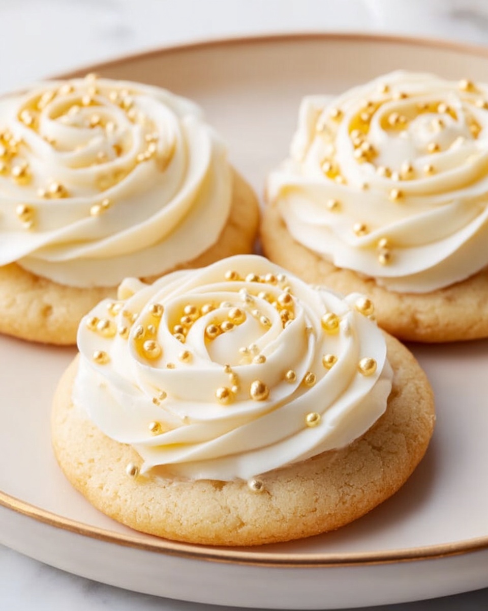 This image shows three soft, round cookies placed on a white plate with a light beige rim. Each cookie is topped with one swirl of creamy white frosting that looks smooth and thick, shaped like a rose or flower. On top of the frosting, there are small round golden sprinkles and tiny dots scattered evenly, adding a shiny touch. The white plate sits on a white marbled surface, giving the whole image a clean and bright look. The cookies look soft and slightly bumpy in texture, while the frosting looks smooth and creamy, with the golden sprinkles creating contrast. Photo taken with an iphone --ar 4:5 --v 7