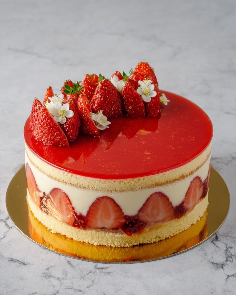 The image shows a round layered strawberry cake on a shiny gold board placed on a white marbled surface. The cake has four visible layers: the bottom layer is a light yellow sponge cake, topped with a layer of fresh strawberry halves lined upright around the edge embedded in a thick cream layer that is pale off-white in color. Above the cream layer is a thin layer of strawberry jam with chunks visible, then another thin layer of light sponge cake, all topped by a smooth, glossy, bright red strawberry glaze. On top, the glaze is decorated with halved fresh strawberries and small white edible flowers positioned neatly. Photo taken with an iphone --ar 4:5 --v 7