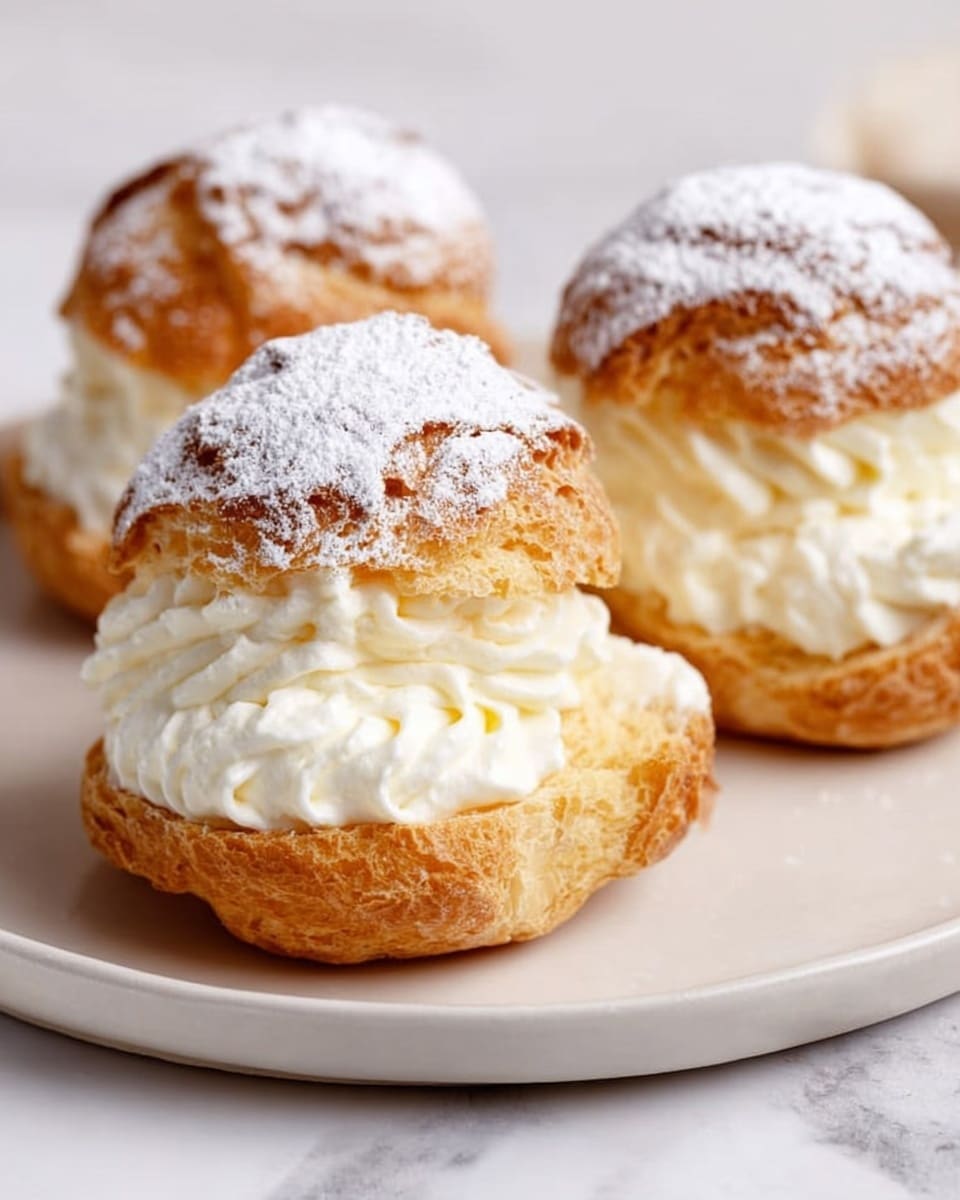 Three cream puffs sit on a white plate on a white marbled surface, each puff made of two layers of golden brown pastry with a soft, airy texture. The bottom layer is a round pastry base, topped with a thick, fluffy layer of white cream that looks light and smooth. The top pastry layer, dusted with white powdered sugar, is placed slightly tilted on the cream, especially on the front puff which has a woman's hand holding it and showing the inside. The powdered sugar adds a delicate finish. Photo taken with an iphone --ar 4:5 --v 7