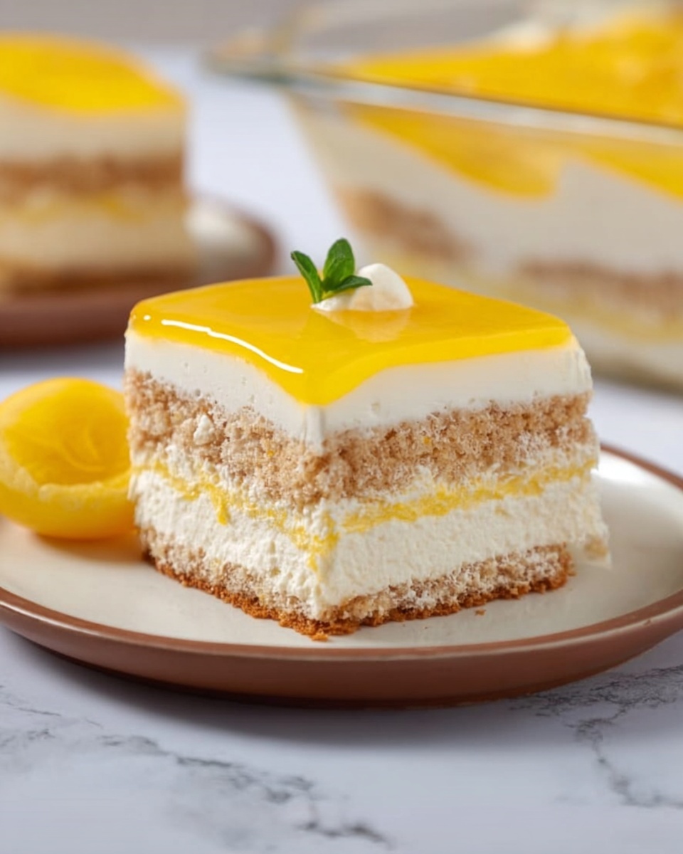 The image shows a square piece of layered dessert on a white plate with a brown rim, placed on a white marbled surface. The dessert has three visible layers: the bottom and middle layers are light brown and textured like soft sponge or biscuit, while the two cream layers between and above them are white and smooth. The top layer is a bright yellow jelly-like layer, shiny and slightly translucent, with a small green leaf garnish placed on one corner. To the left of the dessert on the plate, there is a halved yellow round fruit or jelly. In the background, a glass dish with more of the same dessert is partially visible. The photo taken with an iphone --ar 4:5 --v 7