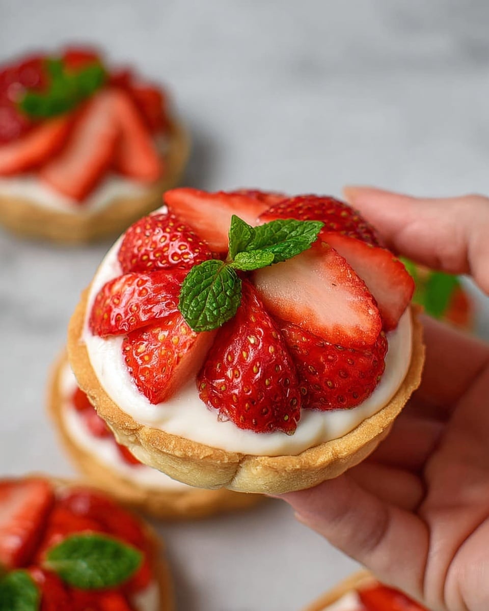 A small round tart held by a woman's hand shows three main layers: a light golden brown crust at the bottom with a soft texture, a smooth white cream filling in the middle, and topped with fresh red strawberry slices arranged closely in a circle with their seeds visible. Small green mint leaves are placed between the strawberries, adding a fresh touch. The white marbled surface underneath holds more tarts with the same layers and decoration. Photo taken with an iphone --ar 4:5 --v 7