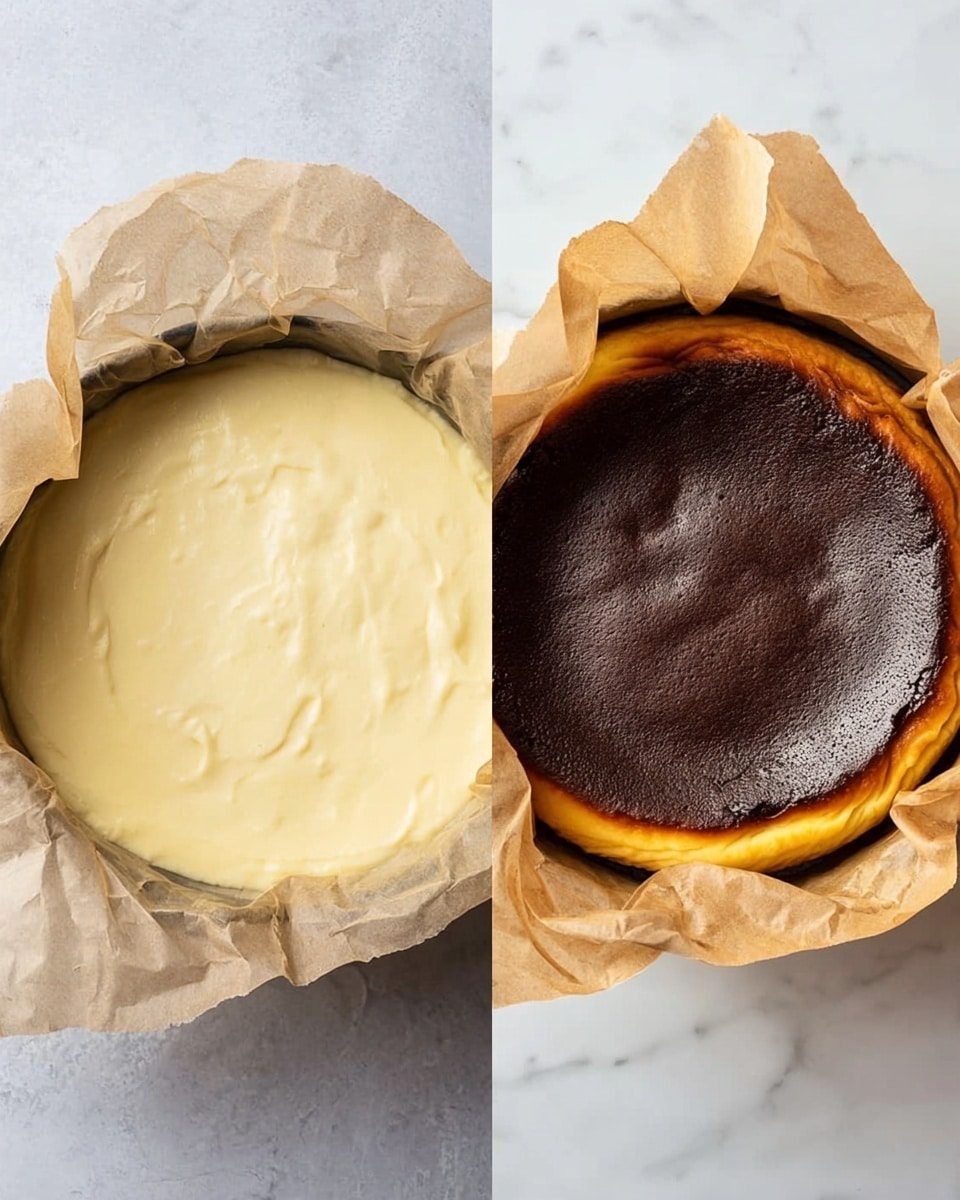 The image shows two stages of a cheesecake in a round pan lined with parchment paper. On the left, the cheesecake batter is pale yellow, smooth, and creamy, filling the pan evenly with slight uneven edges of parchment paper rising above the batter. On the right, the baked cheesecake has a dark brown to almost black top with a smooth center and slightly wrinkled edges, still resting in the parchment paper with a light tan color. Both pans sit on a white marbled surface. photo taken with an iphone --ar 4:5 --v 7
