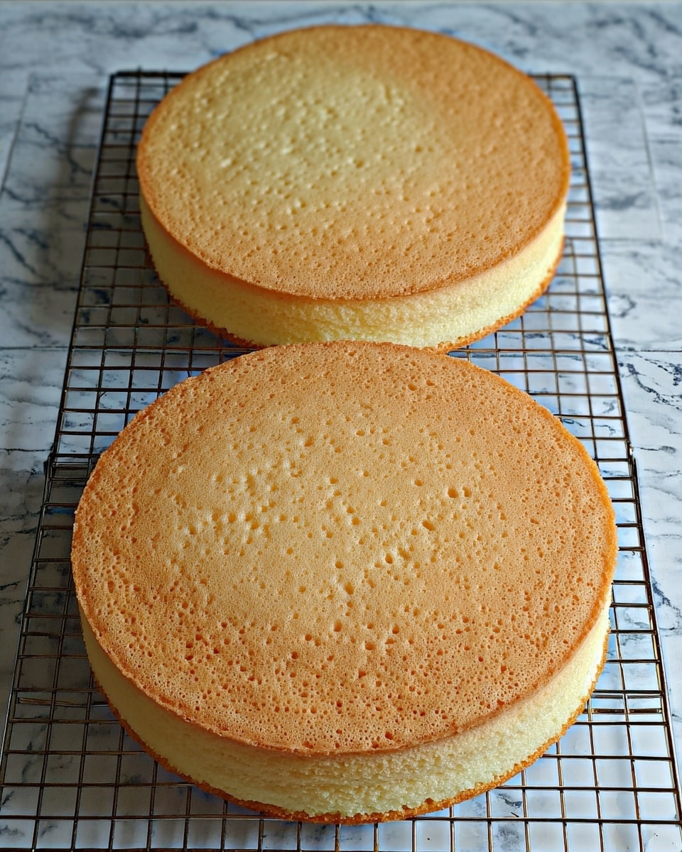Two round cake layers are placed on a wire cooling rack over a white marbled surface. Each layer is light golden brown with a slightly uneven texture on top, showing small air bubbles and a gently browned edge. The layers appear soft and evenly baked, with the top surfaces mostly flat but slightly domed. Photo taken with an iphone --ar 4:5 --v 7