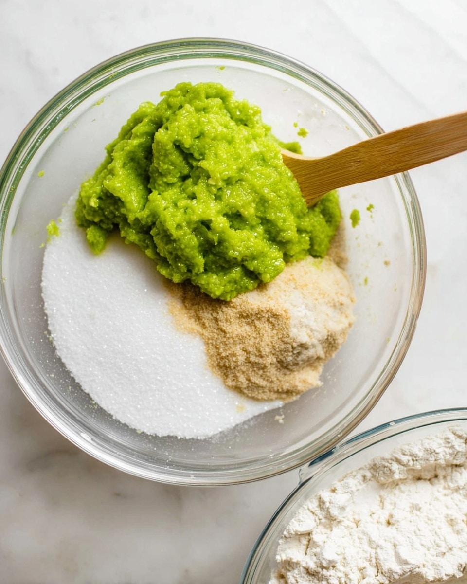 A clear glass bowl contains three different layers of ingredients. The bottom layer is white granulated sugar spread across the base. On top of that, there are two smaller piles of a light brown powder and a beige paste positioned slightly apart. The top layer is a bright green, chunky mash placed mainly on the right side of the bowl. A wooden spoon is partly resting on the bright green mash inside the bowl. Nearby, a second glass bowl filled with white flour is partially visible on a white marbled surface. Photo taken with an iphone --ar 4:5 --v 7