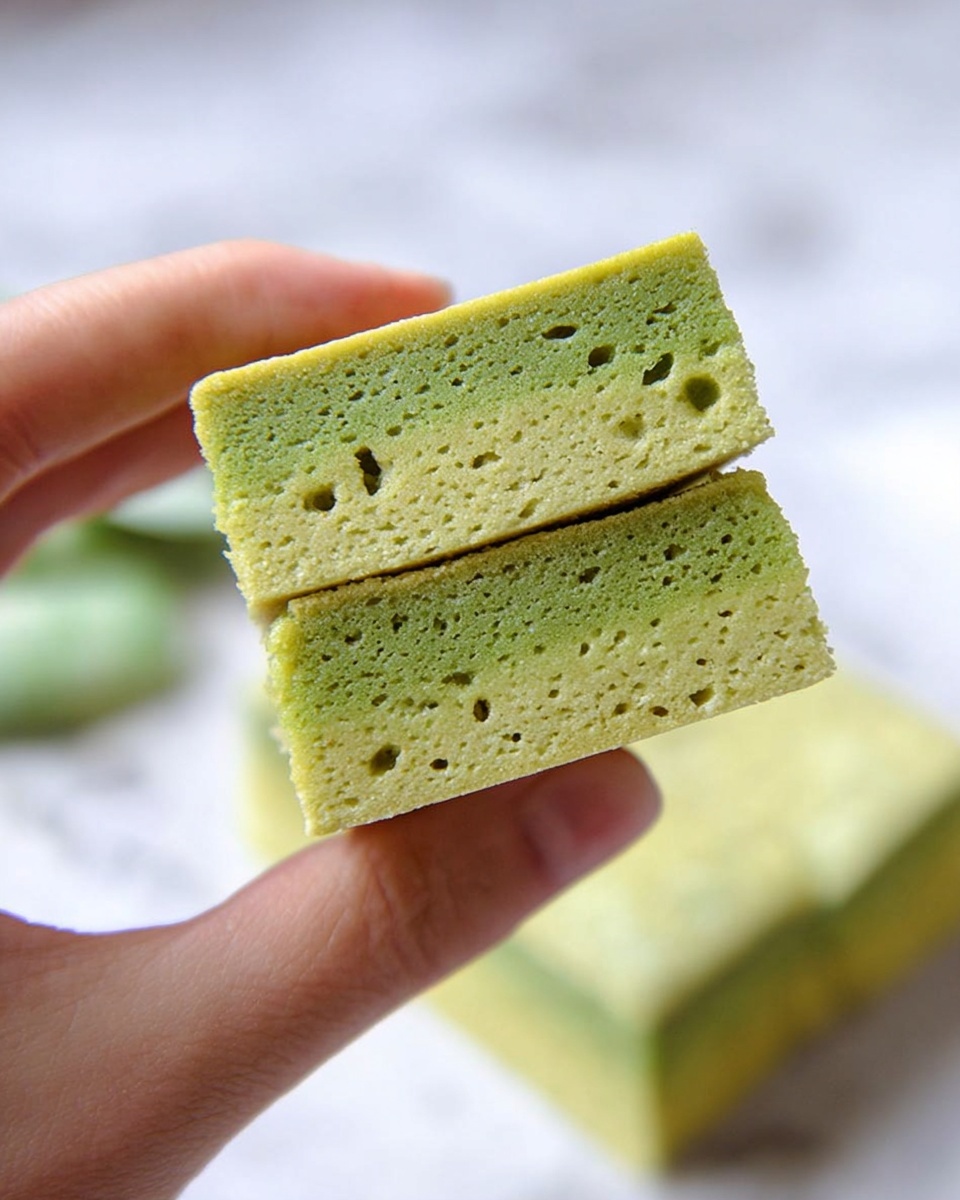 A close-up of a woman's hand holding two stacked square green layers of a soft textured dessert with small holes and a slightly rough surface, showing fine details in the light green color. The background has a soft white marbled texture with blurred parts of more green dessert squares visible. Photo taken with an iphone --ar 4:5 --v 7