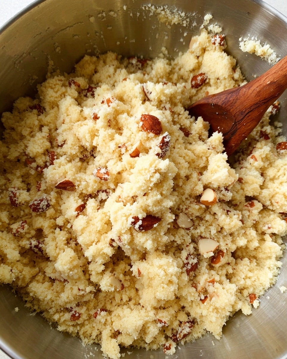 A close-up view of a large silver metal bowl filled with a crumbly mixture of pale yellow dough mixed with light brown, roughly sliced nuts scattered throughout. A wooden spoon is partially buried in the mixture, resting toward the center of the bowl, showing the textured, coarse consistency of the dough combined with the crunchy nuts. The mixture has an uneven, grainy surface and fills most of the bowl, with some small clumps visible. photo taken with an iphone --ar 4:5 --v 7