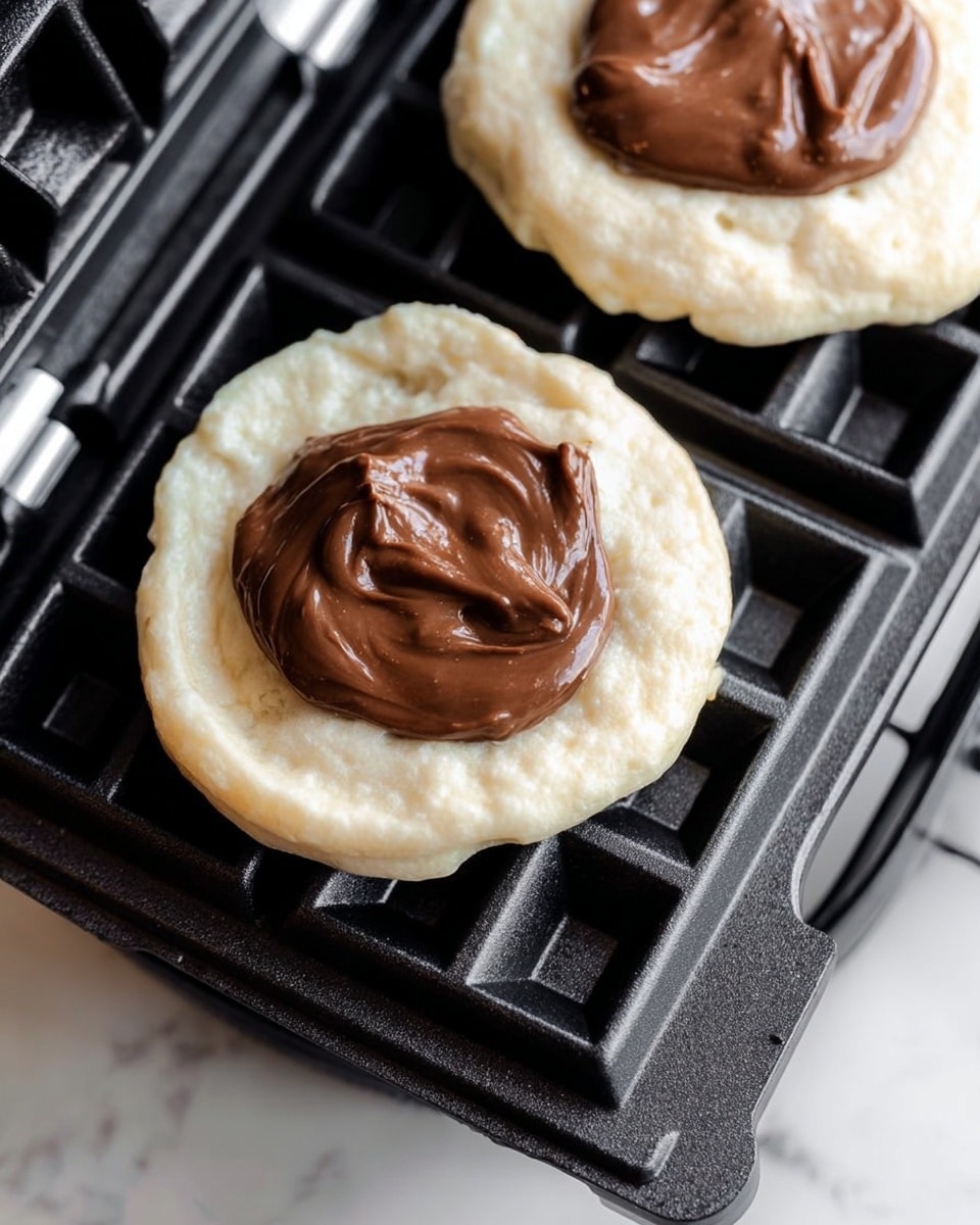 A close-up image shows two round dollops of pale, creamy batter on a black waffle iron grid. On top of each dollop, there is a thick, shiny, smooth dark brown spread placed in the center. The leaves of the waffle iron create a textured square pattern under the batter. The background includes parts of the waffle iron and a white marbled surface beneath. photo taken with an iphone --ar 4:5 --v 7