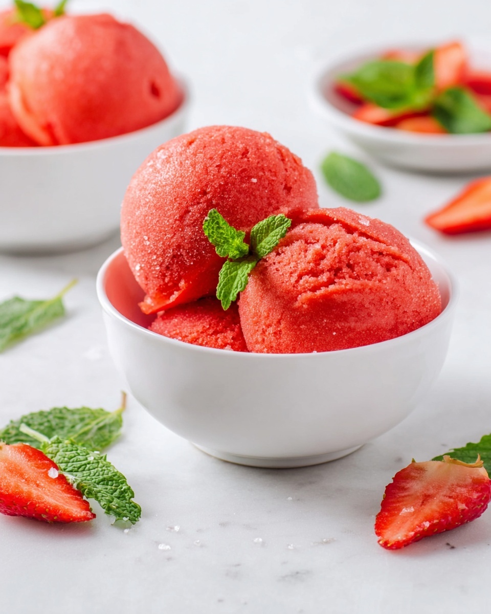 The image shows two scoops of bright pink strawberry sorbet placed side by side in a white flower-shaped bowl, each scoop with a textured icy surface. A small green mint leaf is placed between the scoops for a fresh pop of color. Around the bowl, there are fresh red strawberries, some whole and some sliced in half, arranged on a white marbled surface. To the upper right, two silver spoons lie crossed on the inside edges. In the lower right corner, there is a red and white checkered cloth partially visible, adding a cozy touch. Photo taken with an iphone --ar 4:5 --v 7