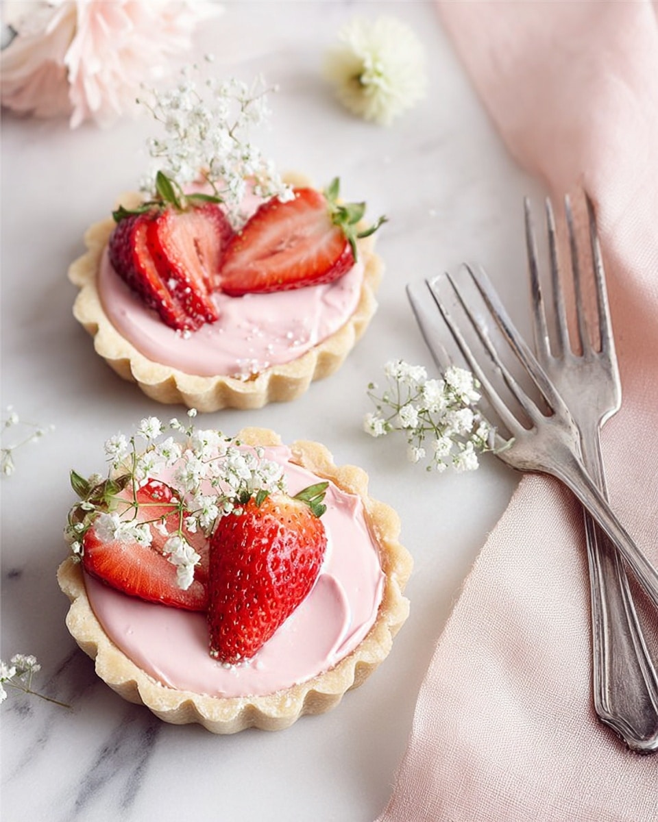Two small tarts sit on a white marbled surface, each with a light beige crust forming the base layer. On the crust is a smooth, pink creamy layer filling the tarts. On top, there are whole and halved red strawberries with visible seeds and fresh white baby’s breath flowers delicately placed as decoration. Near the tarts, two silver forks lie crossed, and a soft pink cloth is partly visible on the right side of the image. The whole scene is bright and softly lit. photo taken with an iphone --ar 4:5 --v 7