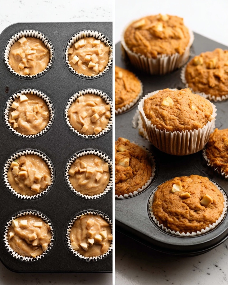 The image shows two views of apple muffins in a black muffin tray with white paper liners. The left side displays the raw muffin batter filled with small chunks of apple, light brown in color with a soft and creamy texture, each liner filled about three-quarters full. The right side shows the baked muffins, golden brown with a slightly rough texture, small apple pieces visible on the surface, and some muffins stacked on top of each other in the tray. The background is a white marbled surface. Photo taken with an iphone --ar 4:5 --v 7