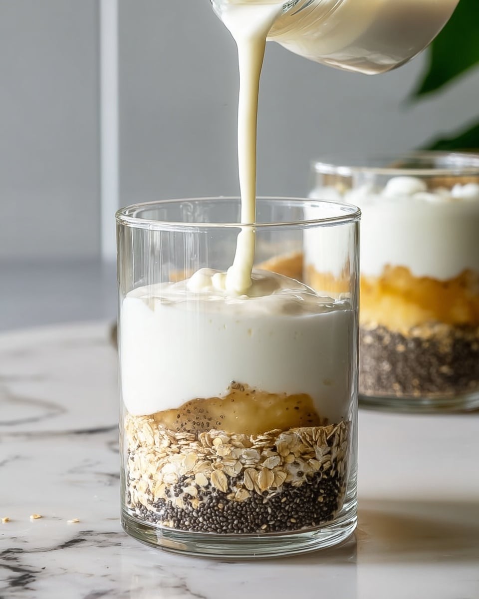 The image shows a clear glass cup with a layered dessert. At the bottom is a layer of light brown oats, topped by a layer of small dark chia seeds. Above that is a thin layer of golden honey or syrup. Next, there is a fluffy white layer that looks like yogurt or cream. Milk is being poured into the glass from the top, blending with the creamy layer. The glass is placed on a white marbled surface, and another similar glass with the same dessert is blurred in the background. Photo taken with an iphone --ar 4:5 --v 7